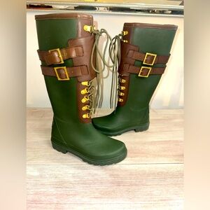 Tory Burch Green Brown Leather Strap Buckle Lace up Rubber Rain Boots sz 6